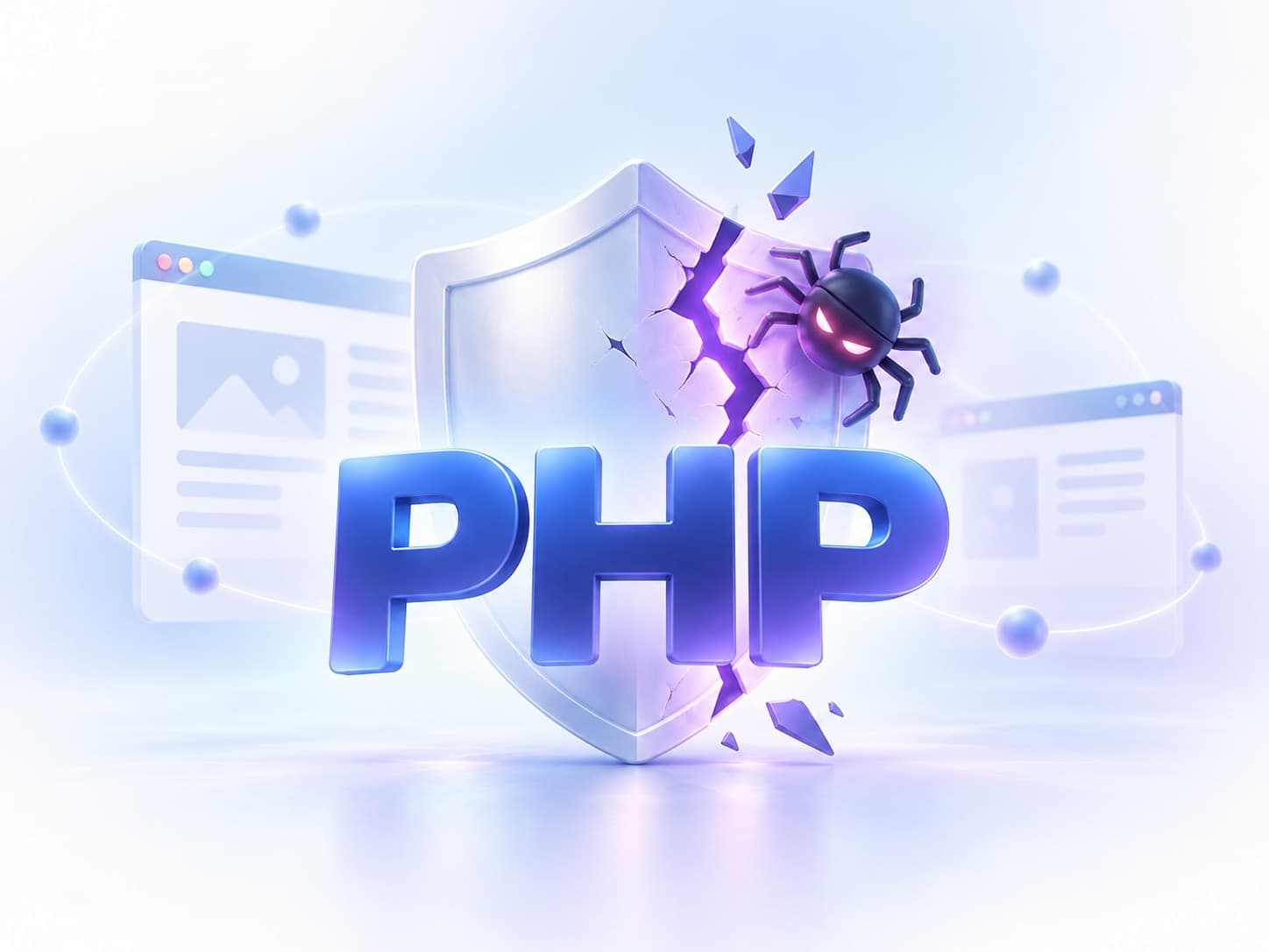 Логотип PHP на фоне треснувшего щита с вредоносным жуком — уязвимости PHP 2026 года