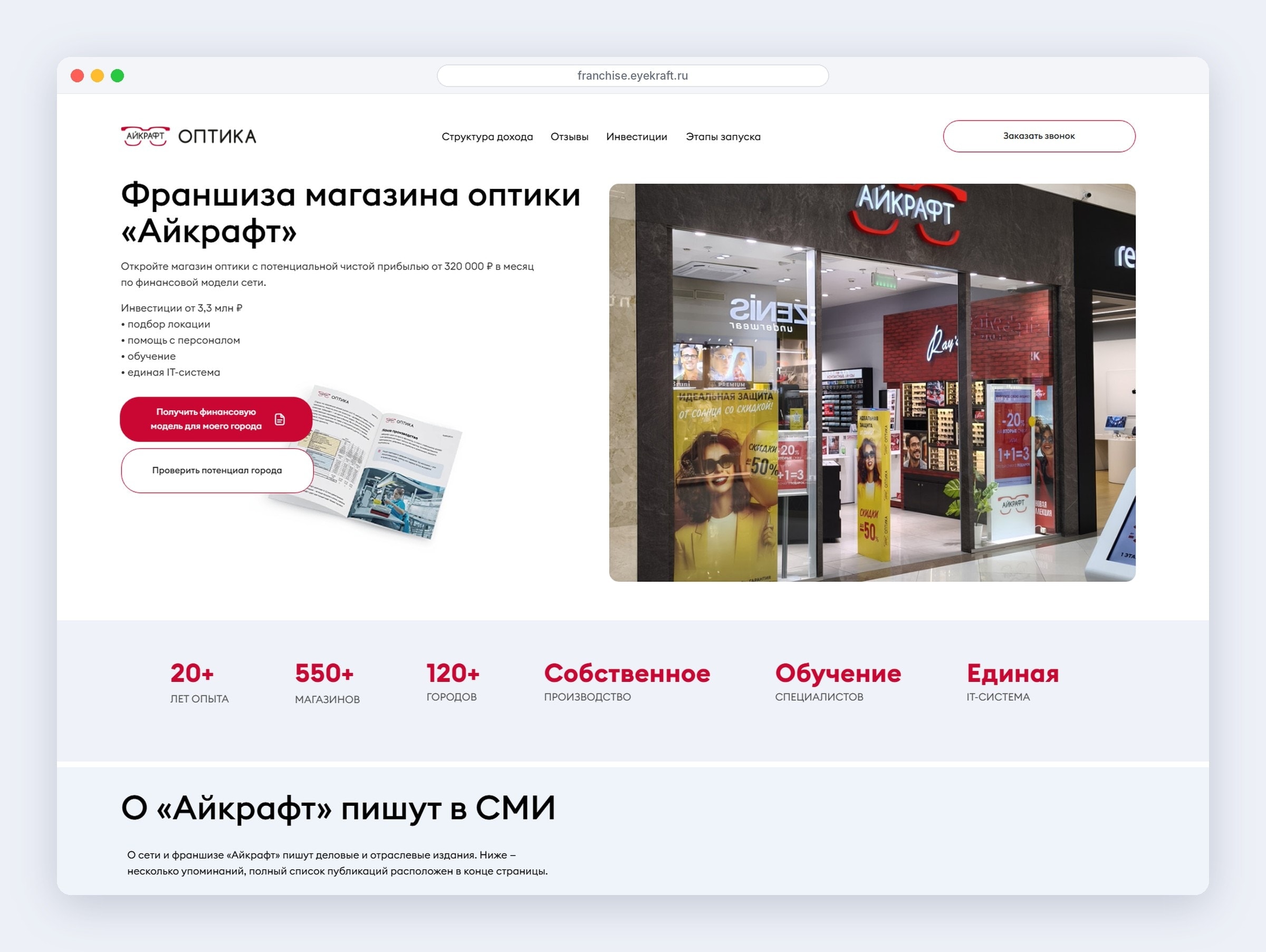 Первый экран сайта франшизы оптики: оффер, инвестиции и две кнопки — финмодель и проверка города