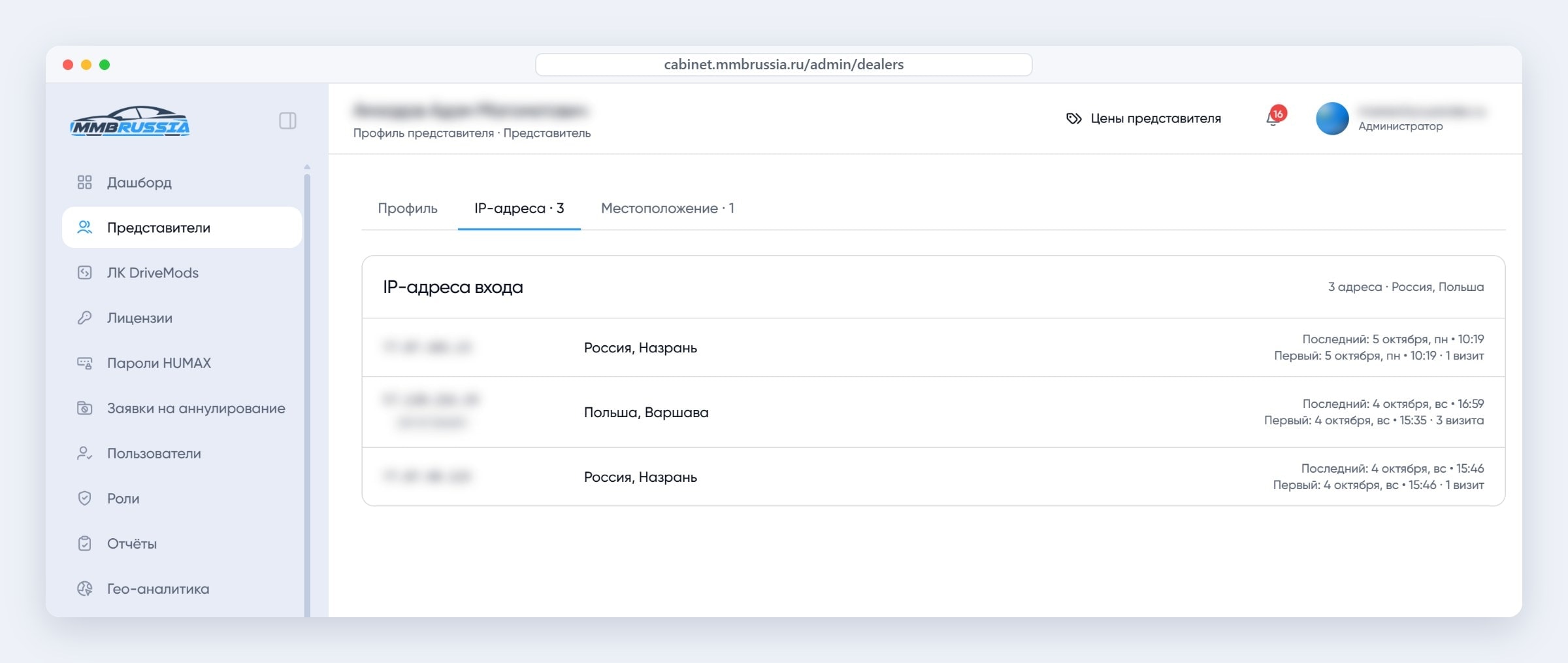IP-адреса входов в кабинет дилеров MMB Russia: страна и город каждого входа, здесь заход из Польши у дилера из России