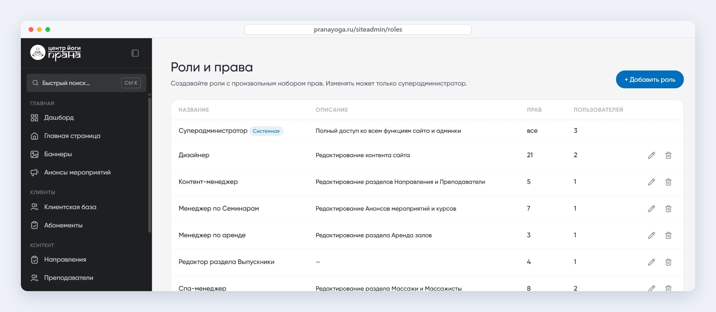 Роли в IT-платформе «Праны»: дизайнер, контент-менеджер, менеджеры семинаров, аренды и СПА видят только свои разделы