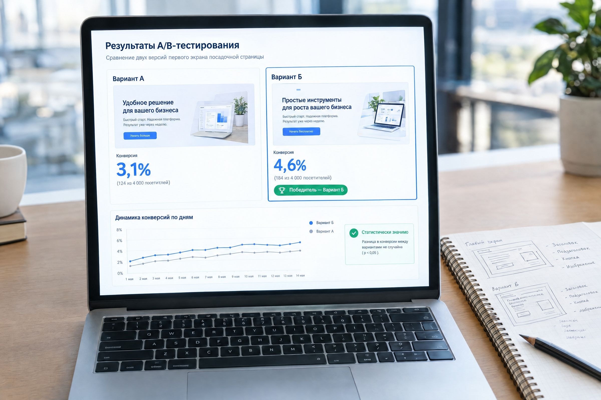Результаты A/B-тестирования двух вариантов страницы на ноутбуке