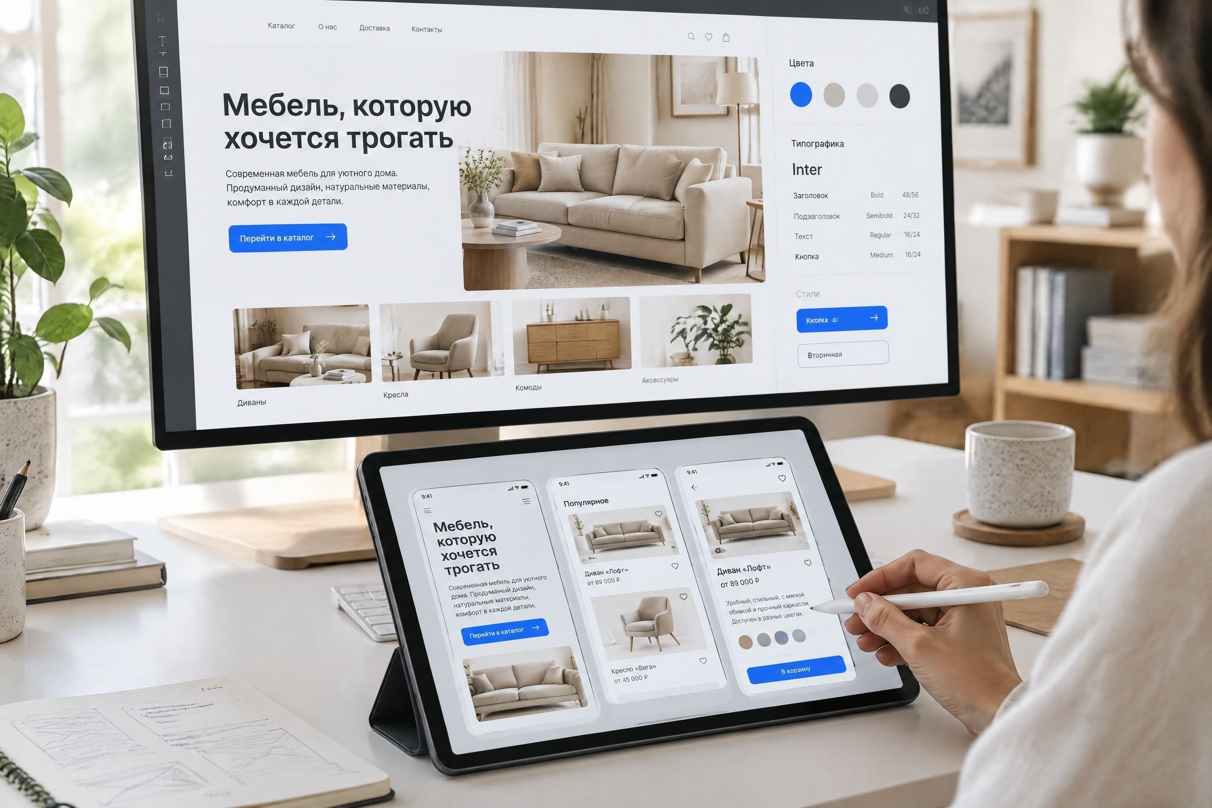Дизайнер работает над макетом сайта на мониторе и планшете