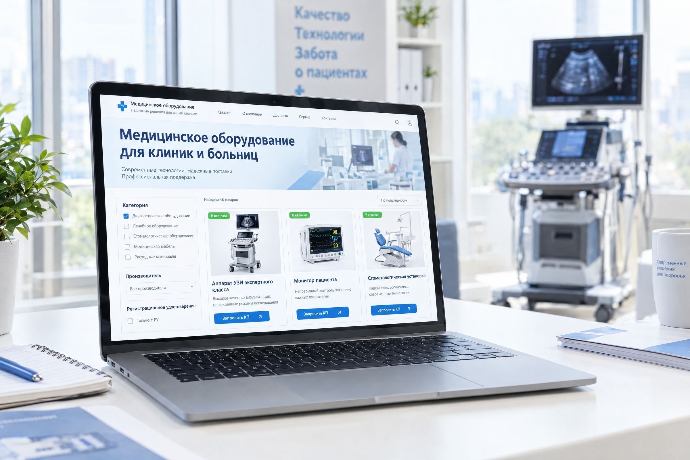 B2B-каталог медицинского оборудования с фильтрами на ноутбуке