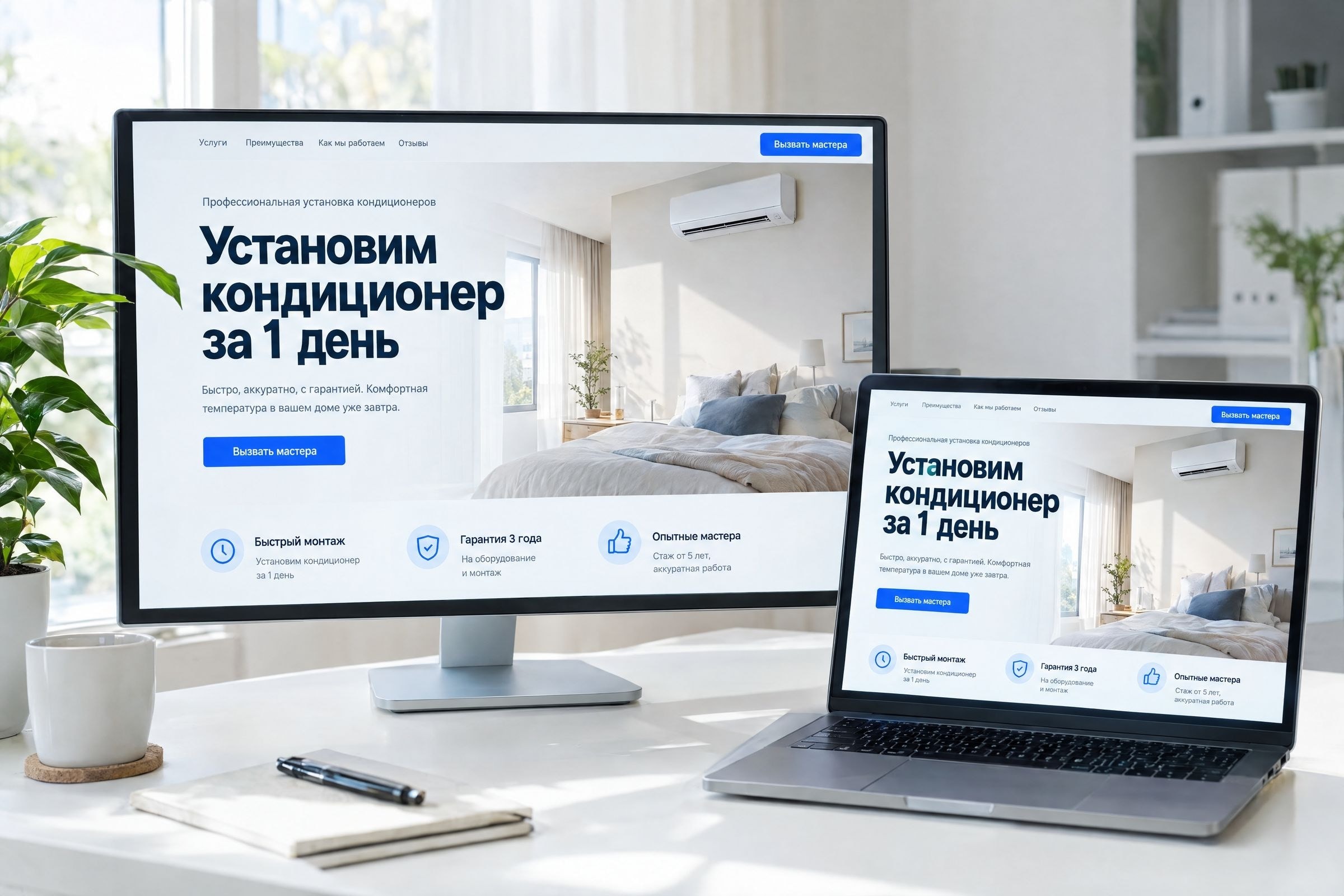 Одностраничный лендинг компании по установке кондиционеров на мониторе и ноутбуке