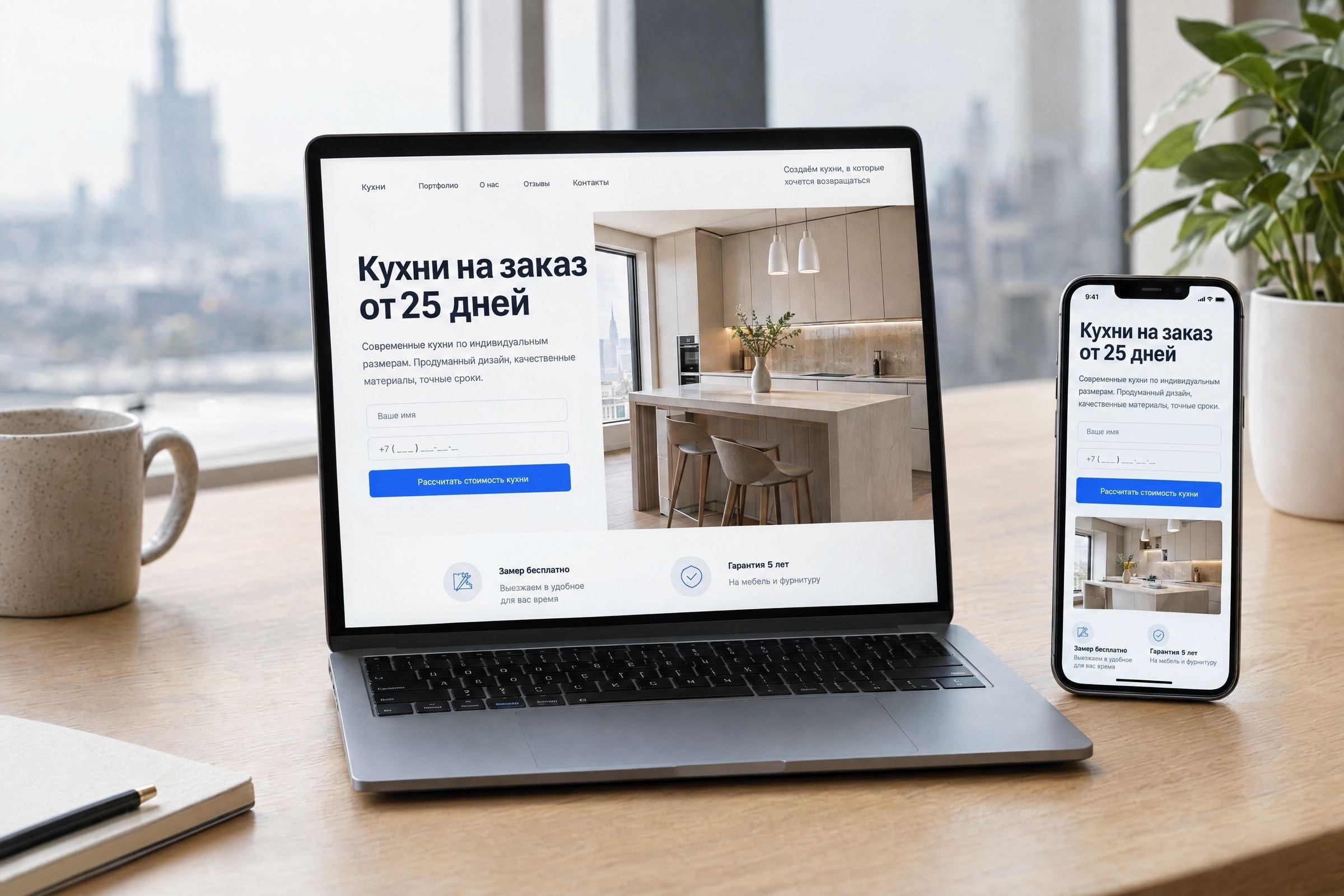 Продающий сайт мебельной компании на ноутбуке и смартфоне