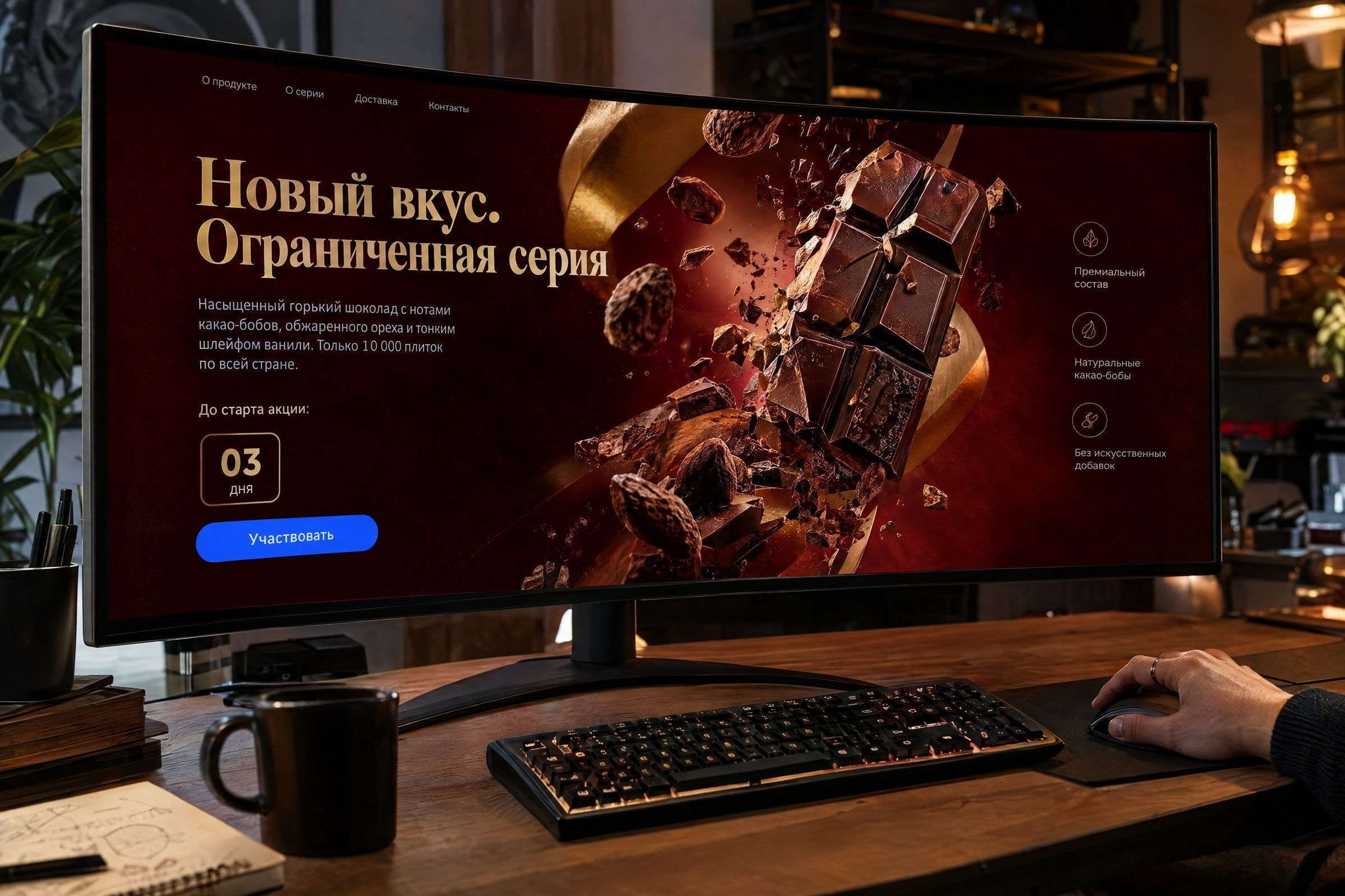 Промо-сайт новой шоколадной серии на изогнутом мониторе
