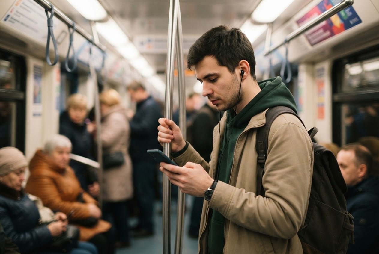Читатель открывает статью информационного портала на смартфоне в метро