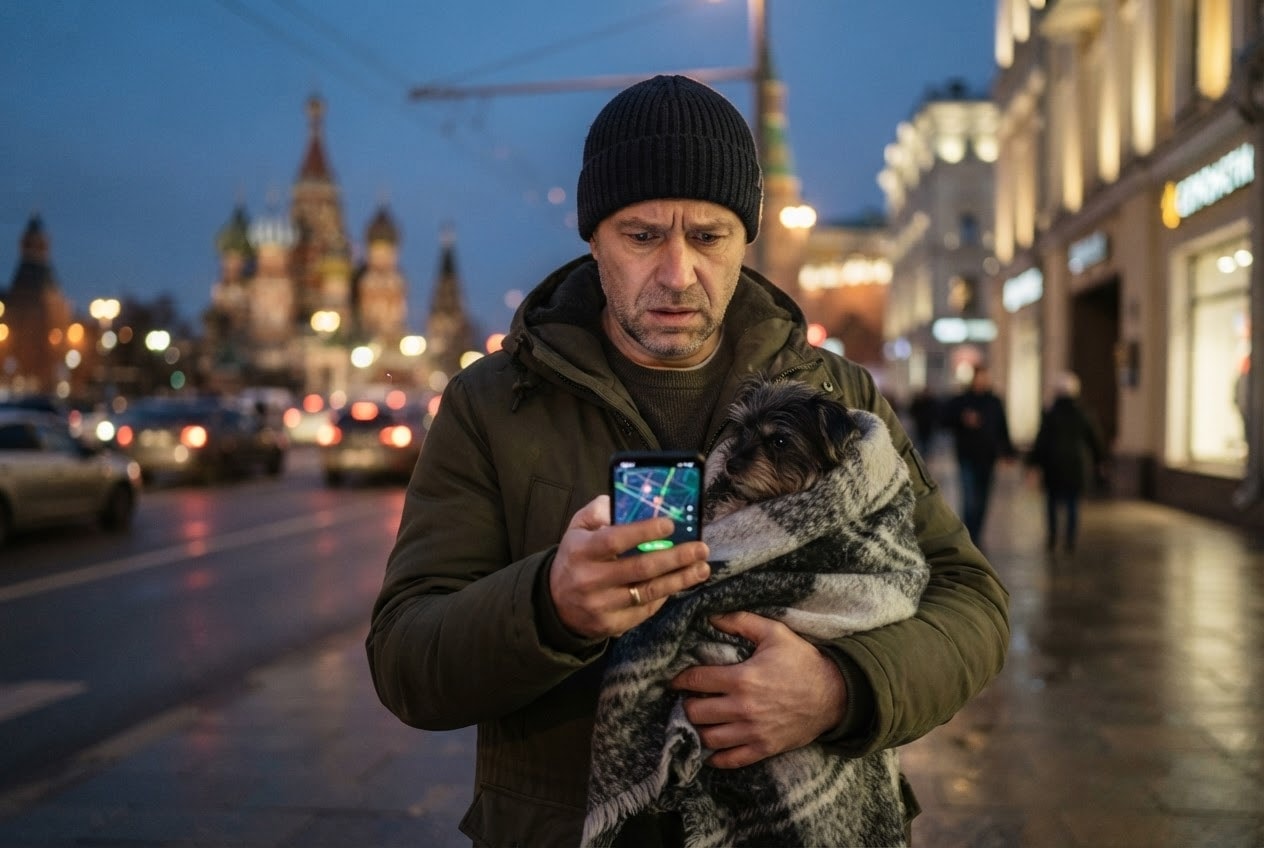 Мужчина с собакой на руках ищет маршрут до круглосуточной ветклиники на смартфоне