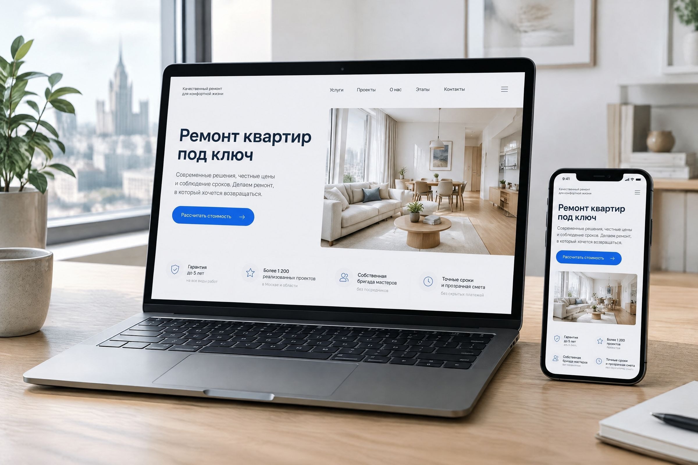 Сайт ремонтной компании на ноутбуке и смартфоне — пример сайта под ключ