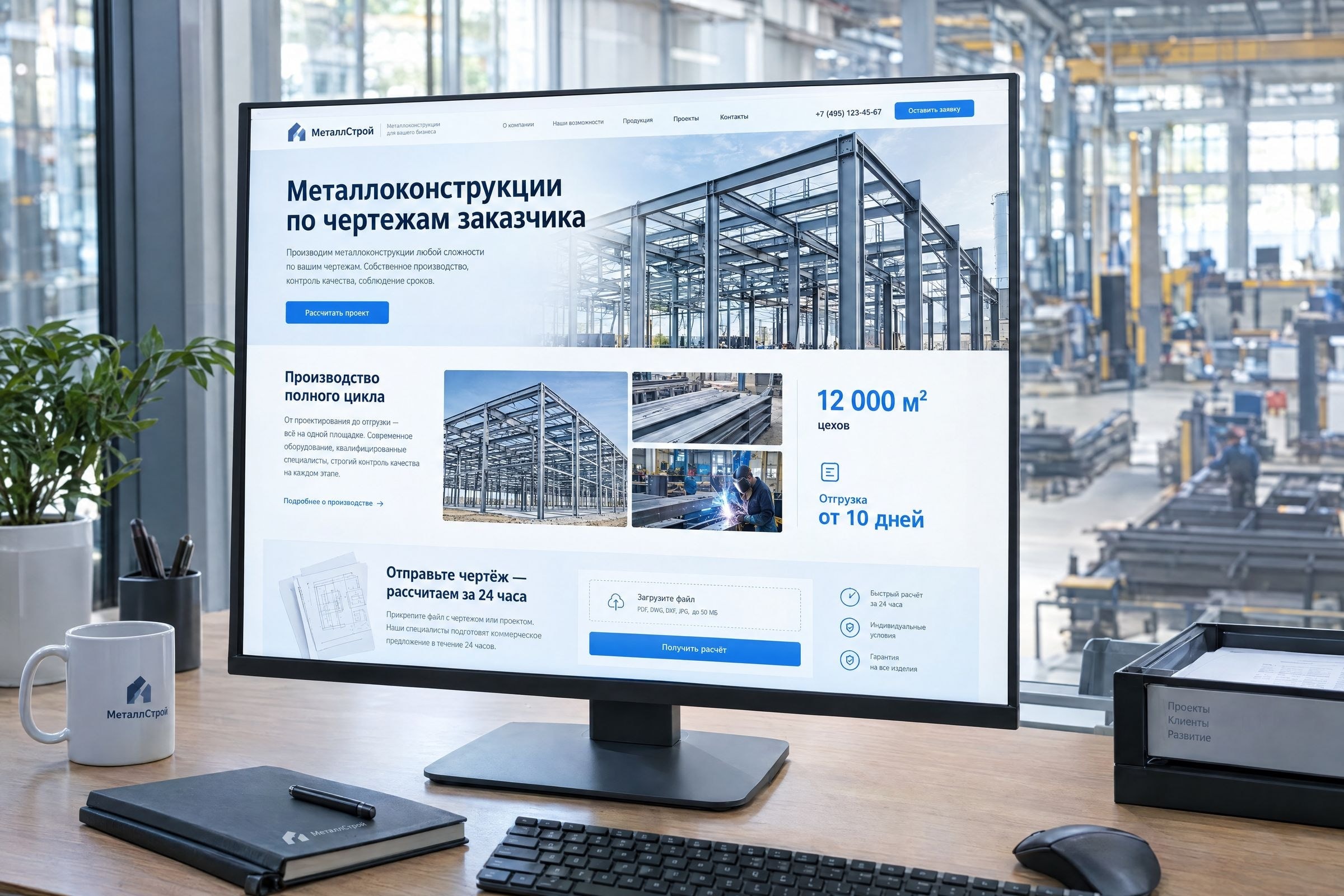 Сайт завода металлоконструкций с формой расчёта по чертежу на мониторе