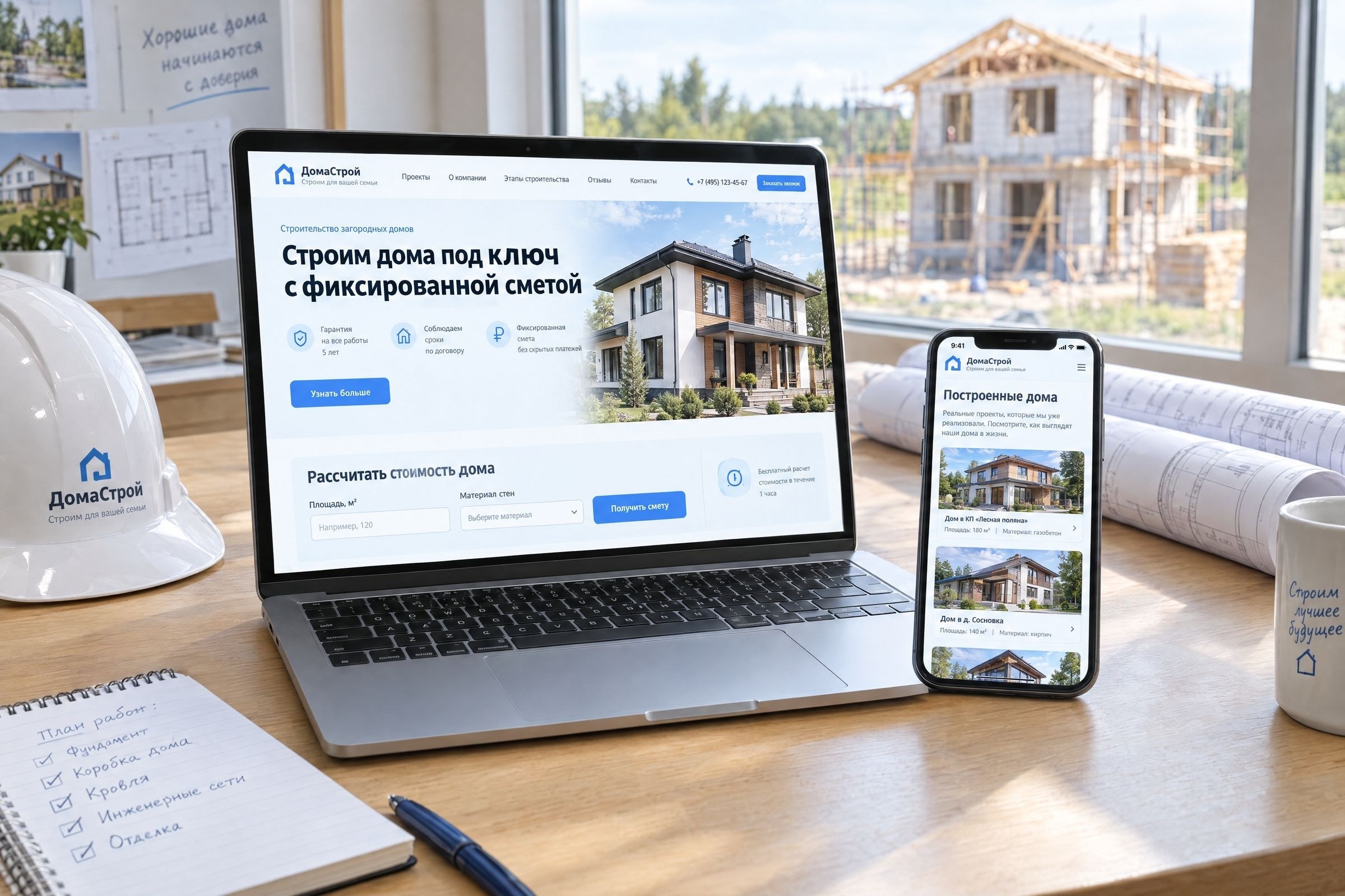 Сайт строительной компании с калькулятором стоимости дома на ноутбуке и смартфоне