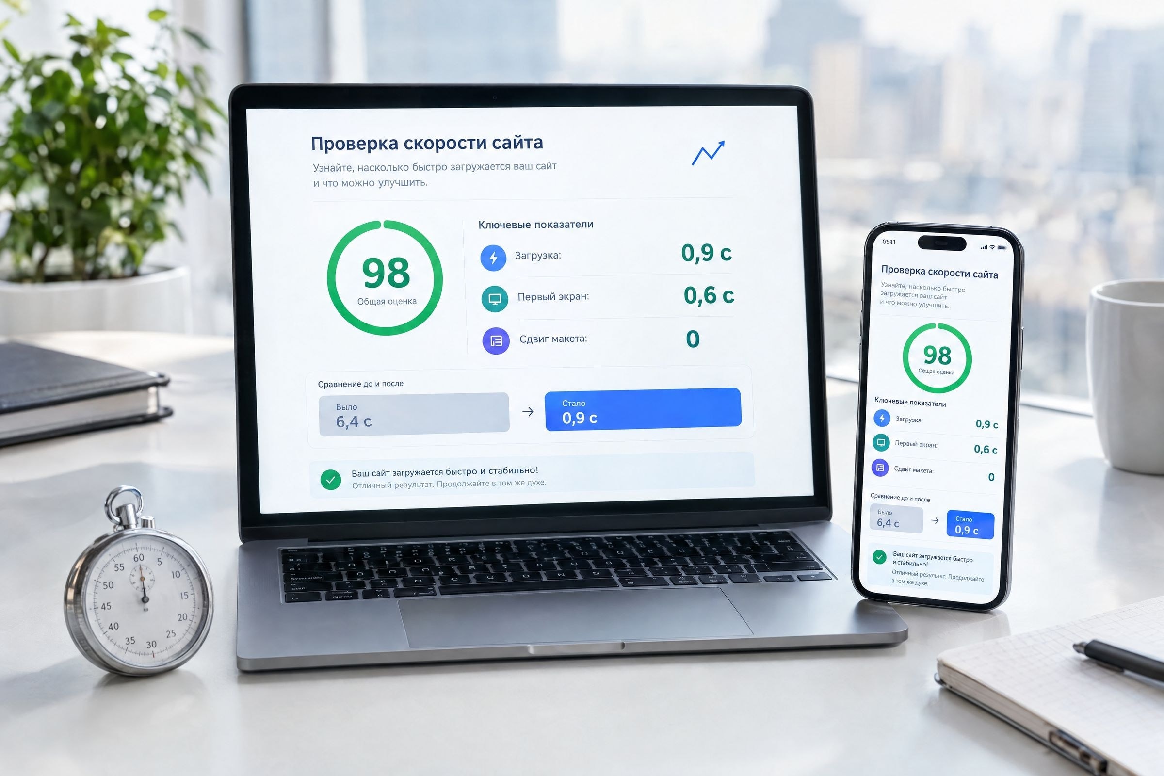 Проверка скорости сайта с оценкой 98 на ноутбуке и смартфоне