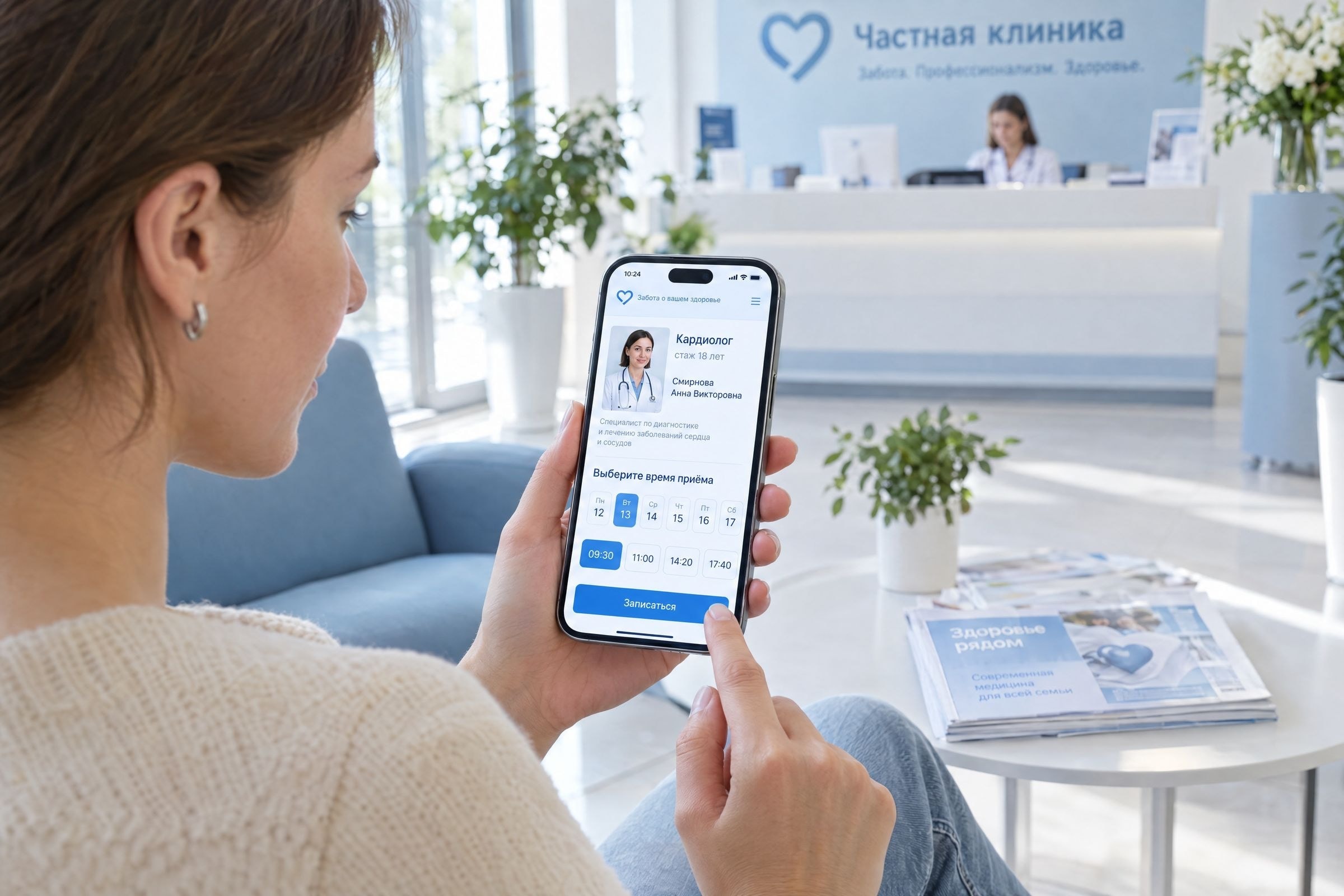 Пациентка записывается к врачу через сайт клиники со смартфона