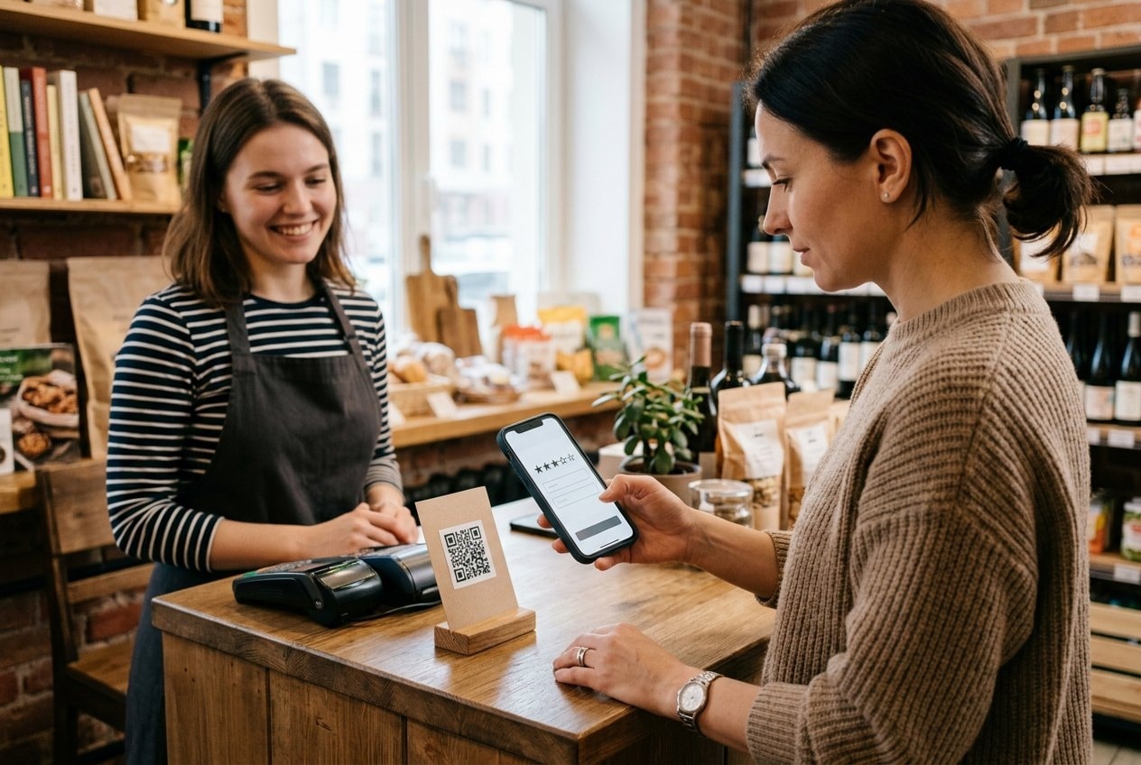 Покупатель сканирует QR-код у кассы, чтобы оставить отзыв о магазине