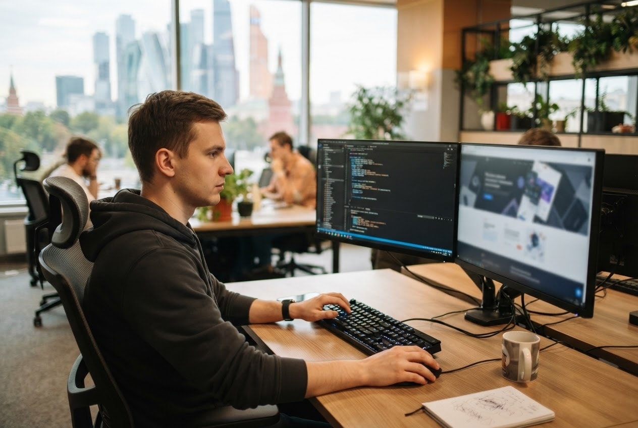 Разработчик пишет самописный сайт на двух мониторах в офисе