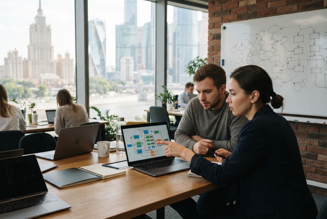 Схема обмена данными между сайтом, 1С и CRM на экране ноутбука
