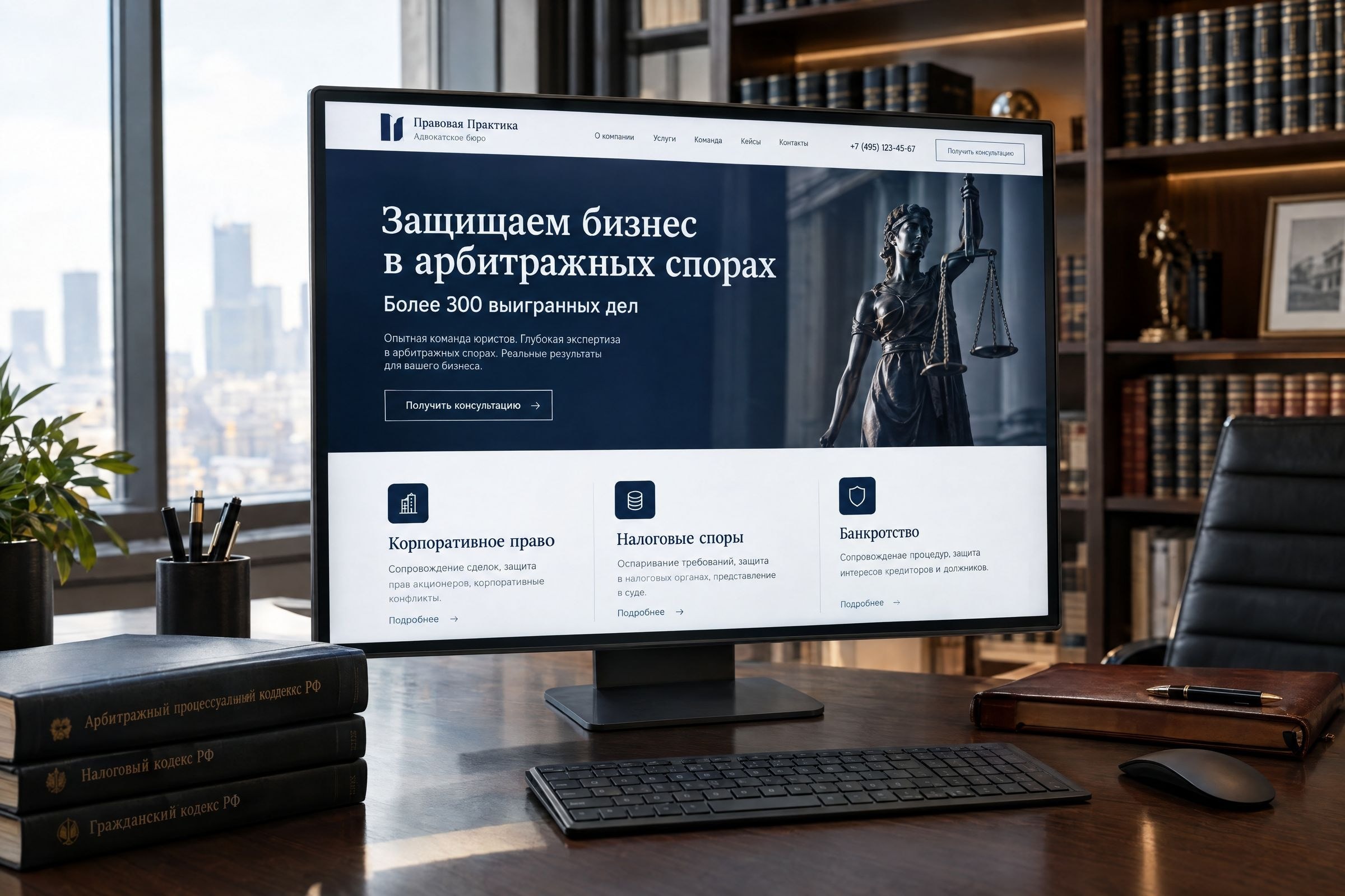 Сайт юридической компании по арбитражным спорам на мониторе в офисе