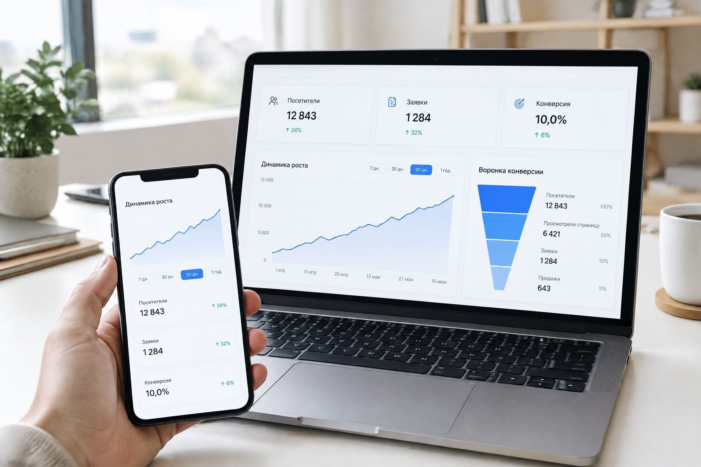 Дашборд веб-аналитики с ростом заявок на ноутбуке и смартфоне